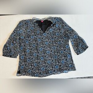 Vince Camuto Black Floral V-Neck Blouse with Blue Roses - Size L